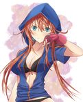  black_panties blue_eyes blush breasts cleavage fingerless_gloves gloves hood hoodie kaeru_(kaerism) long_hair looking_at_viewer medium_breasts momoko_(kaeru314) orange_hair original panties smile solo underwear 