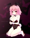  alternate_costume animal_ears bad_id bad_pixiv_id bare_legs blush bow bowtie breasts bug bunny_ears bunnysuit butterfly character_name cleavage detached_collar emily_(pure_dream) fake_animal_ears groin huge_breasts insect kneeling leotard pink_hair red_eyes saigyouji_yuyuko short_hair smile solo touhou wrist_cuffs 