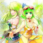  9room crossover dress elsword gloves goggles goggles_on_head green_eyes green_hair gumi headphones leaf long_hair multiple_girls orange_dress rena_(elsword) short_hair sidelocks skirt smile sniping_ranger_(elsword) vocaloid wrist_cuffs 