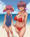  2girls abubu bikini brown_hair hoshizora_ikuyo hoshizora_miyuki multiple_girls photoshop precure red_hair side-tie_bikini smile_precure! standing swimsuit tan tanned 