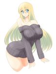  1girl ass bare_shoulders bent_over blonde_hair blue_eyes bottomless breasts erect_nipples female huge_ass huge_breasts long_hair simple_background solo standing sweater thighs wedge white_background 