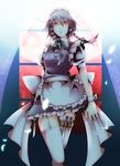  bow braid garter_straps hair_bow highres izayoi_sakuya knife maid maid_headdress pomeko_(13521433) puffy_sleeves red_eyes short_hair short_sleeves silver_hair solo thighhighs touhou twin_braids weapon white_legwear wrist_cuffs 