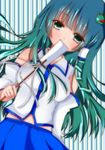  bad_id bad_pixiv_id colorized covering_mouth detached_sleeves frog_hair_ornament green_eyes green_hair hair_ornament hair_tubes highres kochiya_sanae long_hair navel purin_jiisan snake_hair_ornament solo touhou wide_sleeves zeroko-san_(nuclear_f) 