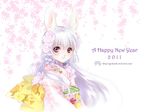  2011 animal_ears bangs bunny_ears flower hair_flower hair_ornament happy_new_year japanese_clothes kimono lavender_hair long_hair new_year obi original parted_lips purple_eyes sash shiitake_(gensoudou) smile solo watermark web_address 