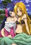  absurdres artist_request blonde_hair blue_eyes blue_hair bra highres long_hair multiple_girls niwa_nagahide_(oda_nobuna_no_yabou) nyantype oda_nobuna oda_nobuna_no_yabou official_art one_eye_closed panties scan smile underwear underwear_only yellow_eyes 