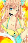  alternate_costume bad_id bad_pixiv_id blonde_hair blue_eyes blush bow breasts cleavage collarbone hair_bow large_breasts long_hair manyako_(mohumohu) megurine_luka one_eye_closed solo very_long_hair vocaloid 