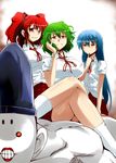  3girls alternate_costume blue_hair breast_envy fujiwara_no_michinaga green_hair hair_bobbles hair_ornament haji_(hajiko) hat hinanawi_tenshi kazami_yuuka long_hair multiple_girls onozuka_komachi puffy_sleeves red_eyes red_hair school_uniform short_hair short_sleeves sitting smile tate_eboshi touhou two_side_up very_long_hair 