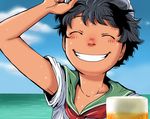  alcohol beer beer_mug black_hair closed_eyes cloud collarbone day grin hat horizon murasa_minamitsu ocean onikobe_rin sailor short_hair smile solo sweat touhou 