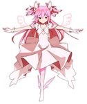  boots cotton_tofu detached_wings dress full_body gloves hair_ornament jewelry kaname_madoka long_hair mahou_shoujo_madoka_magica outstretched_arms pink_eyes pink_footwear pink_hair simple_background smile solo spoilers spread_arms two_side_up ultimate_madoka white_background wings 