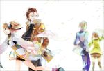  1girl alvin_(tales) bow brown_eyes brown_hair coat cravat dual_persona green_eyes hair_bow hairband leia_rolando looking_back mooche pants shirt shoes short_hair tales_of_(series) tales_of_xillia tales_of_xillia_2 thighhighs white_background 