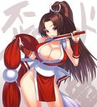  breasts brown_hair cleavage closed_fan fan fatal_fury fingerless_gloves fingers folding_fan gloves huge_breasts japanese_clothes large_breasts long_hair looking_at_viewer open_mouth pelvic_curtain ponytail purple_eyes revealing_clothes shiranui_mai sideboob smile solo the_king_of_fighters yapo_(croquis_side) 