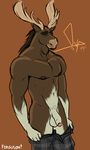 antlers balls bgn biceps black_eyes cervine clothed clothing flaccid fur half-dressed horn male mammal moose muscles nipples pants pecs penis solo toned topless trousers uncut undressing 