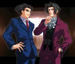  black_eyes black_hair cravat formal gyakuten_saiban hair_intakes masurao_bc mitsurugi_reiji multiple_boys naruhodou_ryuuichi necktie suit 