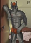  anthro bed bedroom biceps big_muscles black_fur blue_eyes boxer_briefs boxers bulge canine clothed clothing door fur grey_fur hair half-dressed inviting male mammal muscles nipples pecs pose red_hair rov seductive solo standing toned topless underwear wolf 