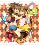  aqua_eyes argyle argyle_background brown_hair denim denim_shorts double_bun gen_5_pokemon legwear_under_shorts long_hair mei_(pokemon) multiple_girls no_hat no_headwear one_eye_closed oshawott pantyhose pokemon pokemon_(creature) pokemon_(game) pokemon_bw pokemon_bw2 ponytail raglan_sleeves shooting-star shorts smile snivy tepig touko_(pokemon) twintails visor_cap 