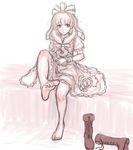  barefoot boots boots_removed cross-laced_footwear dress feet front_ponytail hair_ribbon highres kagiyama_hina kuro_suto_sukii lace-up_boots long_hair monochrome ribbon shoes_removed sitting soles solo toes touhou 