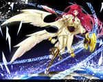  black_background blazblue blue_eyes boots cape coat expressionless full_body highres knee_boots long_hair pants red_hair sayo_wini shield solo sword tears tsubaki_yayoi weapon wings 