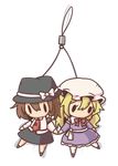  blonde_hair brown_hair cellphone_charm chibi dress fushigi_ebi hat hat_ribbon holding_hands long_hair maribel_hearn multiple_girls ribbon solid_oval_eyes touhou transparent_background usami_renko 