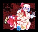  ascot ayatan-kiri bad_id bad_pixiv_id blonde_hair blue_hair colorized crystal fang flandre_scarlet flower glowing hat hat_ribbon highres jewelry multiple_girls open_mouth puffy_sleeves red_eyes remilia_scarlet ribbon rose short_hair short_sleeves siblings side_ponytail sisters smile touhou wings wrist_cuffs 