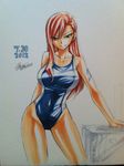  brown_eyes competition_swimsuit dated erza_scarlet fairy_tail long_hair mashima_hiro official_art one-piece_swimsuit red_hair signature simple_background smile swimsuit tattoo traditional_media 