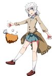  bow cotton_tofu fish flat_chest food fried_horse_mackerel open_mouth personification shoes silver_eyes simple_background skirt socks solo white_background white_legwear 
