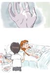  1girl annoyed bad_id bad_pixiv_id bed blue_eyes brown_hair end_of_evangelion food fruit icing ikari_shinji long_hair lying milk mixing_bowl moti2003 neon_genesis_evangelion nyotaimori orange_hair parody pillow school_uniform sexually_suggestive short_hair souryuu_asuka_langley strawberry whipped_cream whisk 