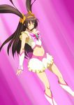  alternate_hairstyle arm_guards brown_eyes brown_hair closed_eyes cosplay crop_top cure_dream cure_dream_(cosplay) henshin highres iyakun long_hair midriff navel precure ribbon skirt sleeveless solo standing stomach suzumiya_haruhi suzumiya_haruhi_no_yuuutsu transformation twintails very_long_hair white_skirt yes!_precure_5 