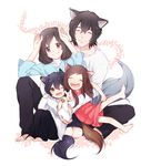  2girls ame_(ookami_kodomo) animal_ears black_hair brown_eyes brown_hair closed_eyes ear_gesture family father_and_daughter father_and_son hana_(ookami_kodomo) juugonichi_(wheeliex2) long_hair mother_and_daughter mother_and_son multiple_boys multiple_girls ookami_kodomo_no_ame_to_yuki ookami_otoko short_hair smile tail v wolf_ears wolf_tail yuki_(ookami_kodomo) 