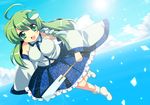  ahoge akashi_(akashimichi) bad_id bad_pixiv_id cloud day detached_sleeves frog_hair_ornament green_eyes green_hair hair_ornament hair_tubes kochiya_sanae long_hair open_mouth sky snake_hair_ornament solo sun touhou wide_sleeves 
