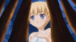  1girl airi_akizuki animated animated_gif barefoot blonde_hair blue_eyes blush breasts censored cloud clouds feet naked_towel night nipples oni_chichi poro pussy sky solo towel 