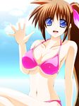  bikini blue_eyes breasts brown_hair engo_(aquawatery) highres large_breasts long_hair lyrical_nanoha mahou_shoujo_lyrical_nanoha_strikers pink_bikini side_ponytail swimsuit takamachi_nanoha underboob waving 