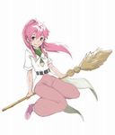  arche_klein blush broom broom_riding earrings jewelry long_hair pants pink_eyes pink_hair pink_pants ponytail smile solo tales_of_(series) tales_of_phantasia turnnail white_background 