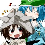  ^_^ blue_eyes brown_hair child closed_eyes hair_bobbles hair_ornament hat kawashiro_nitori key multiple_girls open_mouth paper_hat paper_kabuto red_eyes shameimaru_aya short_hair short_twintails smile touhou twintails two_side_up unya wings younger 