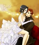  1girl baccano! blush chair chane_laforet claire_stanfield couple dress elbow_gloves formal gloves hetero smile wedding_dress yuzukihiroya 