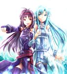  asuna_(sao) asuna_(sao-alo) blue_eyes blue_hair blue_legwear breastplate detached_sleeves fingerless_gloves gloves hairband long_hair multiple_girls pink_eyes pointy_ears purple_hair purple_legwear sakura_ani smile sparkle sword_art_online thighhighs yuuki_(sao) 