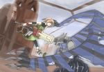  6110 blonde_hair blue_eyes boots bracelet cannon chi-you daiba_canon dress elbow_cuffs god_eater god_eater_burst green_dress grin jewelry monster short_hair smile weapon wings 