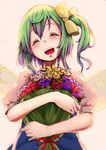  ^_^ blush bouquet closed_eyes daiyousei fairy_wings flower green_hair kachayori open_mouth puffy_sleeves short_sleeves side_ponytail smile solo touhou wings 