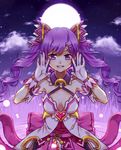  aisha_(elsword) back_bow bad_id bad_pixiv_id bow dimension_witch_(elsword) elsword gloves grin long_hair pink_bow purple purple_background purple_eyes purple_hair purple_skirt skirt smile solo tanjel twintails white_gloves 