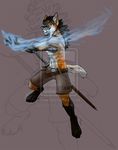  canine ear_piercing fox fuckie grin magic male maned_wolf melee_weapon piercing pose raksha ranged_weapon sheath solo topless weapon 