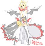  bare_shoulders bat_wings blonde_hair bow breasts cleavage demon_girl detached_sleeves disgaea dress eu03 frills hanging_breasts huge_breasts jewelry makai_senki_disgaea_2 pointy_ears ponytail red_eyes rozalin short_hair sketch solo thighhighs wings yellow_bow 