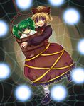  blonde_hair blush brown_eyes bucket green_eyes green_hair hair_bobbles hair_ornament in_bucket in_container kisume kurodani_yamame long_sleeves multiple_girls open_mouth ponytail puffy_sleeves short_hair silk smile spider_web touhou twintails wooden_bucket yui_(soranohako) 