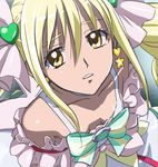  armpit_hair armpits bangs bare_shoulders blonde_hair bow cure_echo downblouse dress earrings flat_chest frills from_above hair_between_eyes hair_ribbon haruyama_kazunori heart jewelry long_hair looking_at_viewer looking_up magical_girl off_shoulder parted_lips pink_bow precure precure_all_stars_new_stage:_mirai_no_tomodachi ribbon sakagami_ayumi sidelocks solo star twintails upper_body yellow_eyes 