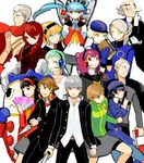  6+girls aegis_(persona) amagi_yukiko androgynous android bandaid cabbie_hat cardigan chair clenched_hand crossdressing elizabeth_(persona) everyone fan folding_chair gun hanamura_yousuke hat headset igor jacket jacket_on_shoulders katana kirijou_mitsuru knife kujikawa_rise kuma_(persona) labrys long_hair looking_at_viewer looking_away margaret_(persona) multiple_boys multiple_girls narukami_yuu no_legwear oekaki persona persona_3 persona_4 persona_4:_the_ultimate_in_mayonaka_arena piriri reverse_trap sanada_akihiko satonaka_chie scar school_uniform shirogane_naoto short_hair standing sword tatsumi_kanji track_jacket weapon yamagishi_fuuka yasogami_school_uniform 