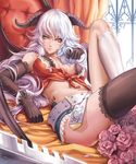  banned_artist bed black_gloves black_legwear blue_eyes breasts demon_horns demon_wings elbow_gloves flower gloves heterochromia horns lavender_hair long_hair medium_breasts mismatched_legwear multicolored_hair original petals red_eyes rose silver_eyes silver_hair solo thighhighs two-tone_hair white_legwear wings yinan_cui 