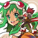  1girl armor belt clenched_hand crossover elsword elsword_(character) gloves green_eyes green_hair gumi pants red_eyes red_hair shoes short_hair smile spiked_hair sword sword_knight_(elsword) vocaloid weapon zaionic 