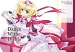  alexia_lynn_elesius armor armored_dress blonde_hair bow copyright_name cup dress frills gloves green_eyes hairband hottate lowres pink_bow pink_dress ribbon short_hair smile solo tea teacup teapot tray wild_arms wild_arms_xf 