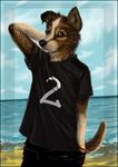  beach canine clothing dog fuckie male mammal one_eye_closed outside sea seaside shirt smile solo water wink yellow_eyes 