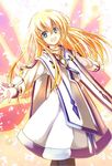  blonde_hair blue_eyes collet_brunel fuupu highres long_hair open_mouth outstretched_arms pantyhose pink_wings smile solo spread_arms tales_of_(series) tales_of_symphonia wings 
