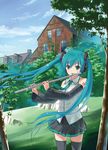  aqua_eyes aqua_hair bare_shoulders black_legwear building detached_sleeves flute hatsune_miku holding instrument kakuno long_hair necktie skirt solo thighhighs tree twintails very_long_hair vocaloid 