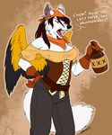  alcohol bandanna belt beverage black_feathers blouse canine cleavage clothed clothing command corset drink fluffy_tail fuckie fur gloves grey_pants hand_on_hip lacing mammal open_mouth pink_eyes pirate ruffles text white white_fur wings wolf yellow_feathers 